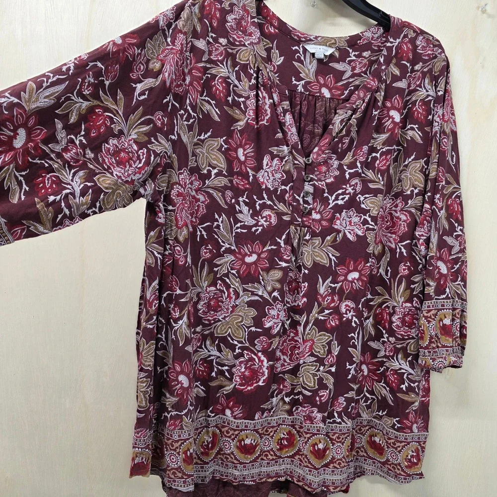Lucky Brand Womens 3X Burgundy Floral Paisley 3/4 Sleeve Boho Tunic Blouse
